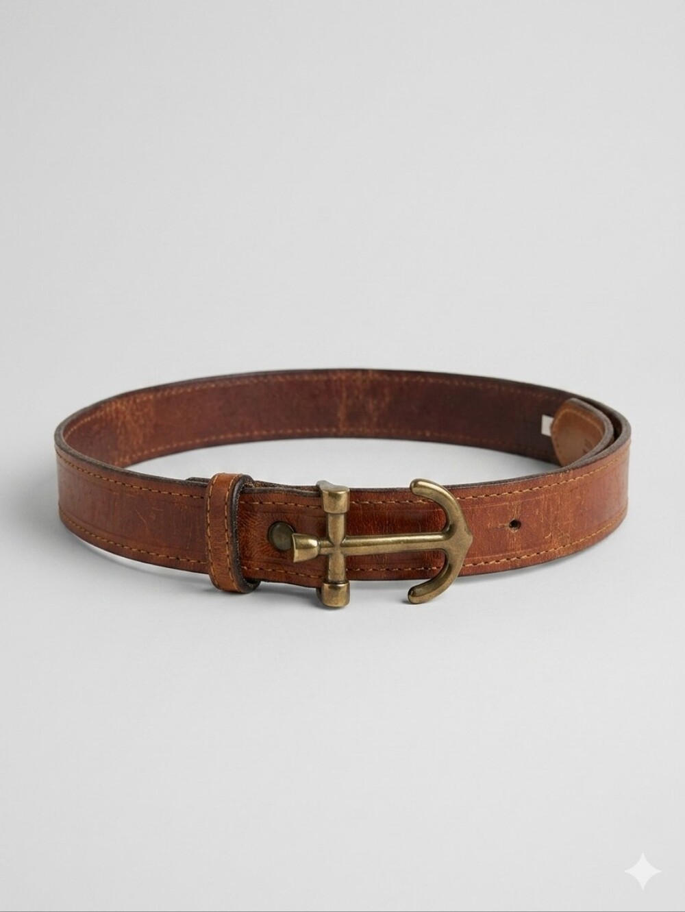 J Crew Brown Leather Belt Brass Anchor Buckle Medium